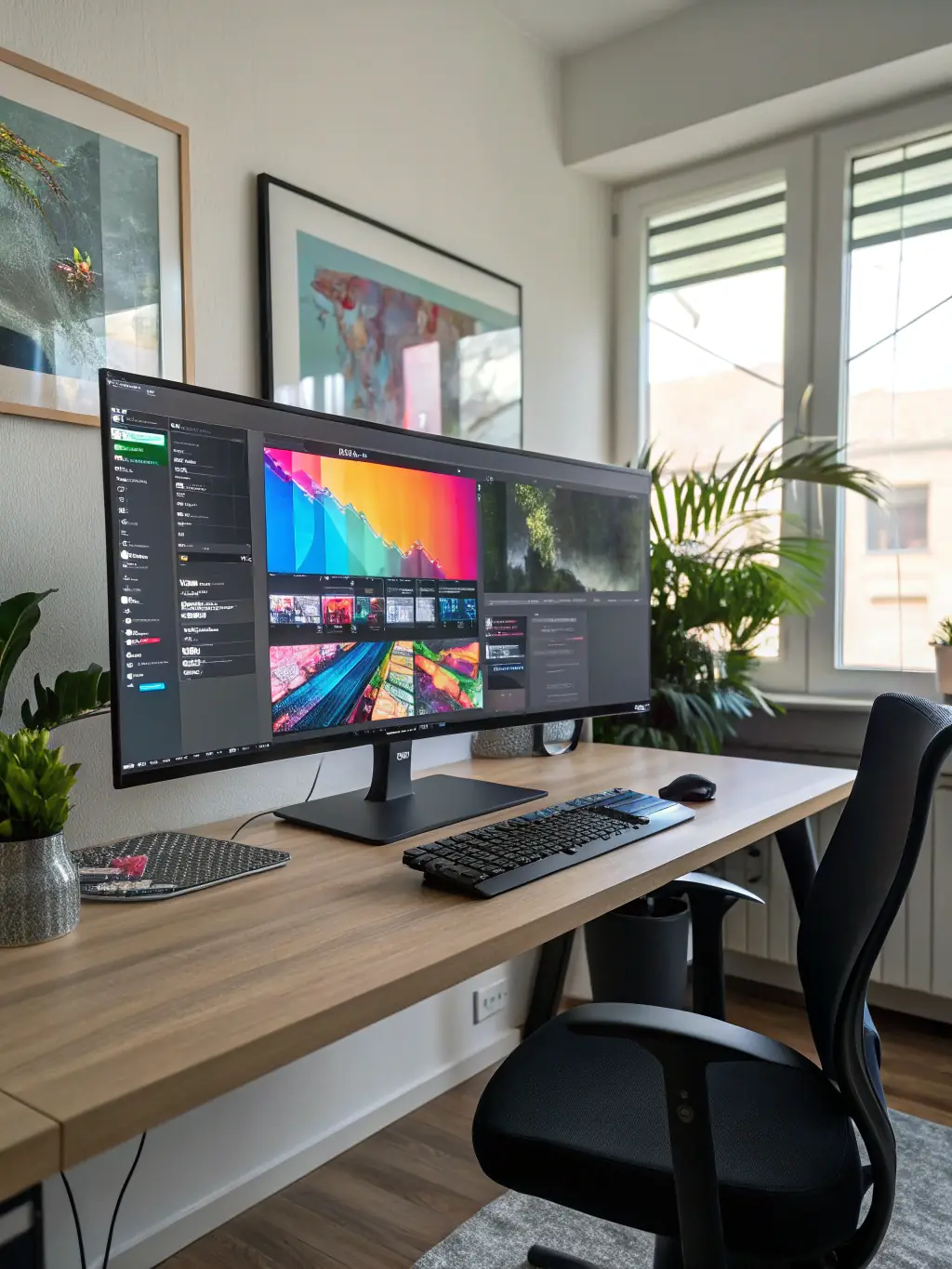 A detailed image of a high-resolution monitor displaying vibrant colors and sharp details, connected to a premium PC.