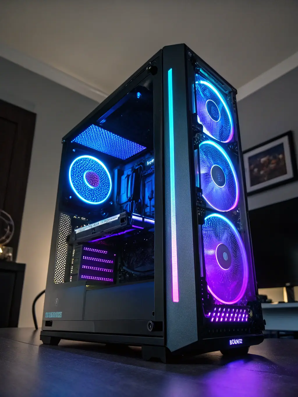 A close-up shot of the internal components of a high-end gaming PC, showcasing the advanced cooling system, powerful graphics card, and meticulously organized cables.